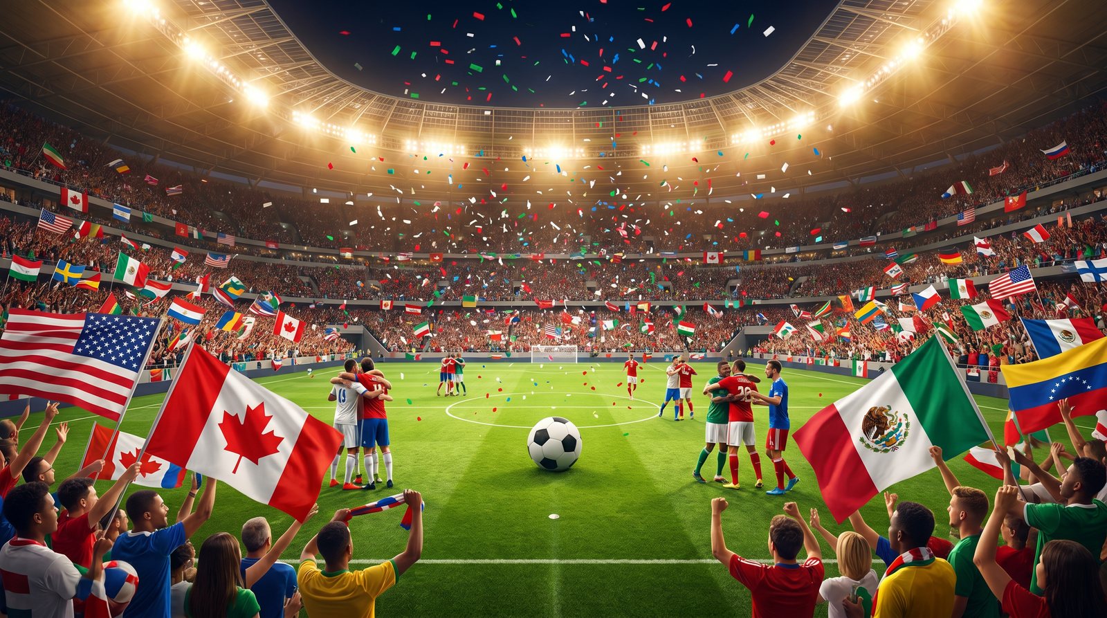 World Cup 2026 — fans and national flags fill a host-nation stadium